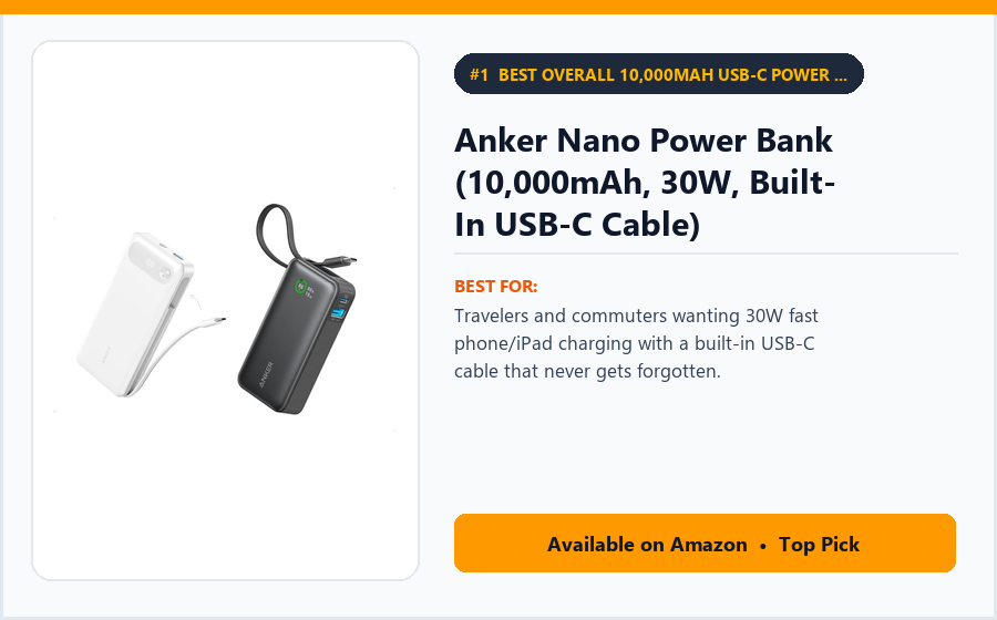 Anker Nano Power Bank (10,000mAh, 30W, Built-In USB-C Cable) - Best Overall 10,000mAh USB-C Power Bank Under $50 (best USB-C power banks under $50)