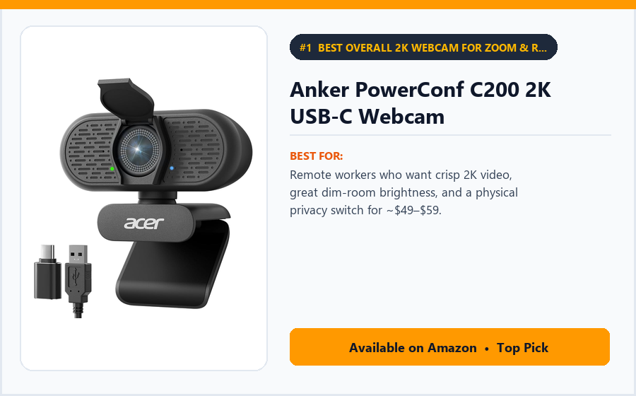 Anker PowerConf C200 2K USB-C Webcam - Best Overall 2K Webcam for Zoom & Remote Work Under $60 (best webcams under $100)