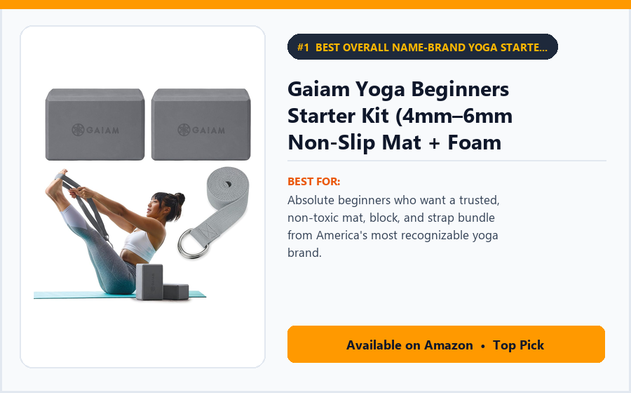 Gaiam Yoga Beginners Starter Kit (4mm–6mm Non-Slip Mat + Foam Block + 6ft Cotton Strap) - Best Overall Name-Brand Yoga Starter Kit Under $35 (best yoga kits for beginners)
