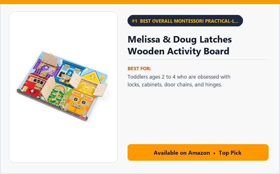 Melissa & Doug Latches Wooden Activity Board - Best Overall Montessori Practical-Life Toy Under $30 (best Montessori toys for toddlers)
