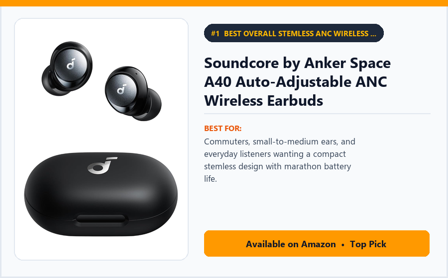 Soundcore by Anker Space A40 Auto-Adjustable ANC Wireless Earbuds - Best Overall Stemless ANC Wireless Earbuds Under $75 (best wireless earbuds under $75)