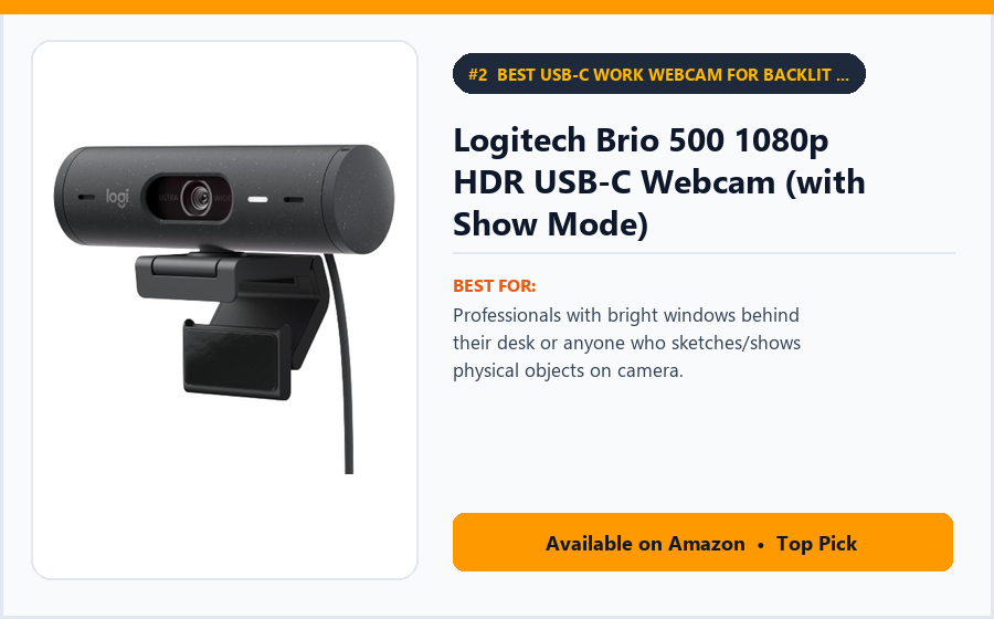 Logitech Brio 500 1080p HDR USB-C Webcam (with Show Mode) - Best USB-C Work Webcam for Backlit Rooms & Desk Demos Under $100 (best webcams under $100)