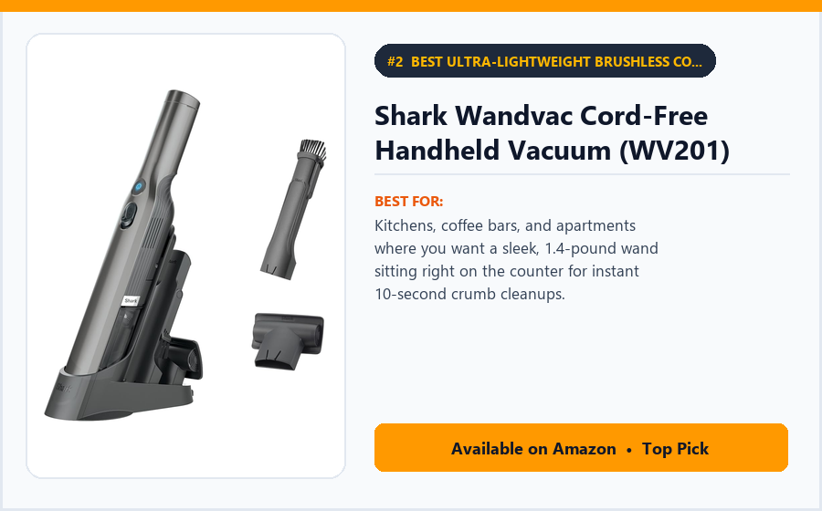 Shark Wandvac Cord-Free Handheld Vacuum (WV201) - Best Ultra-Lightweight Brushless Countertop Wand Vacuum Under $100 (best handheld vacuums under $100)