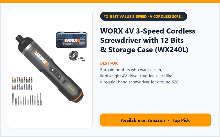 WORX 4V 3-Speed Cordless Screwdriver with 12 Bits & Storage Case (WX240L) - Best Value 3-Speed 4V Cordless Screwdriver Under $35 (best electric screwdrivers under $60)