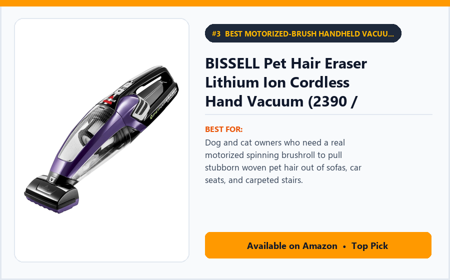 BISSELL Pet Hair Eraser Lithium Ion Cordless Hand Vacuum (2390 / 2390A) - Best Motorized-Brush Handheld Vacuum for Pet Hair, Sofas & Stairs Under $80 (best handheld vacuums under $100)