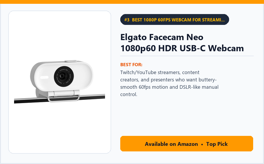 Elgato Facecam Neo 1080p60 HDR USB-C Webcam - Best 1080p 60fps Webcam for Streaming, YouTube & Calls Under $100 (best webcams under $100)