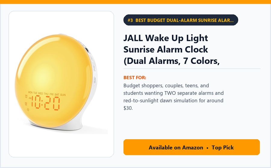 JALL Wake Up Light Sunrise Alarm Clock (Dual Alarms, 7 Colors, FM Radio & Sunset Timer) - Best Budget Dual-Alarm Sunrise Alarm Clock Under $35 (best sunrise alarm clocks under $100)