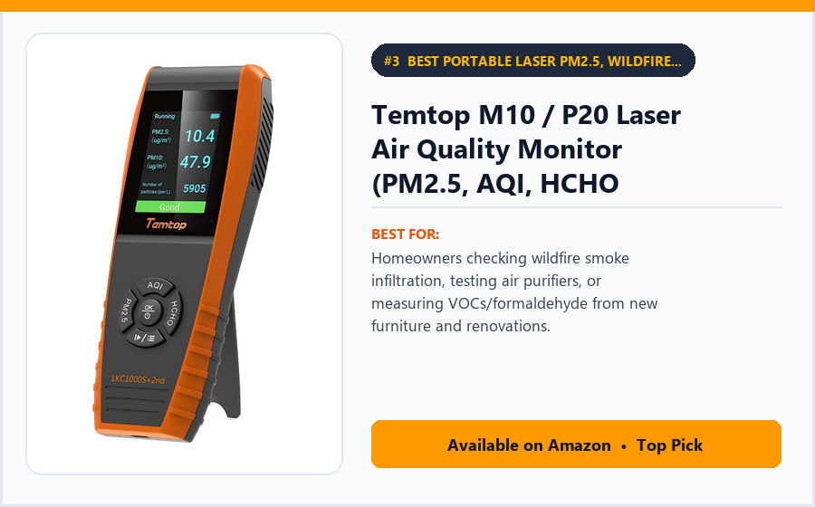 Temtop M10 / P20 Laser Air Quality Monitor (PM2.5, AQI, HCHO Formaldehyde & VOCs) Temtop M10 / P20 Laser Air Quality Monitor (PM2.5, AQI, HCHO Formaldehyde & VOCs) - Best Portable Laser PM2.5, Wildfire Smoke & Formaldehyde/VOC Detector Under $90 (best indoor air quality monitors under $100)