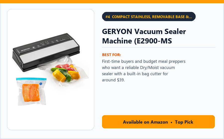 GERYON Vacuum Sealer Machine (E2900-MS - Compact Stainless, Removable Base & Built-In Cutter) – Best Budget Countertop Vacuum Sealer Under $45 (best vacuum sealers under $150)