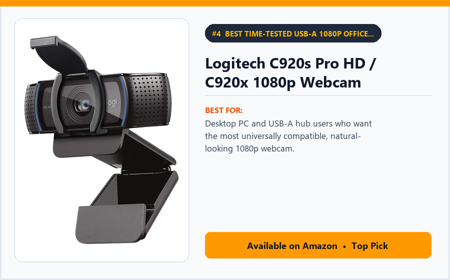 Logitech C920s Pro HD / C920x 1080p Webcam - Best Time-Tested USB-A 1080p Office Webcam Under $70 (best webcams under $100)