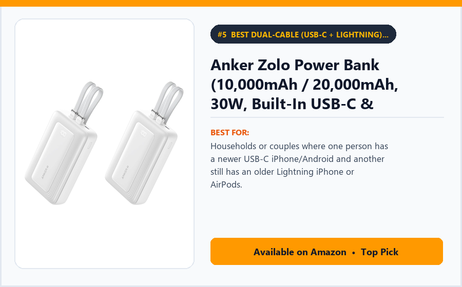 Anker Zolo Power Bank (10,000mAh / 20,000mAh, 30W, Built-In USB-C & Lightning Cables) - Best Dual-Cable (USB-C + Lightning) Power Bank Under $40 (best USB-C power banks under $50)