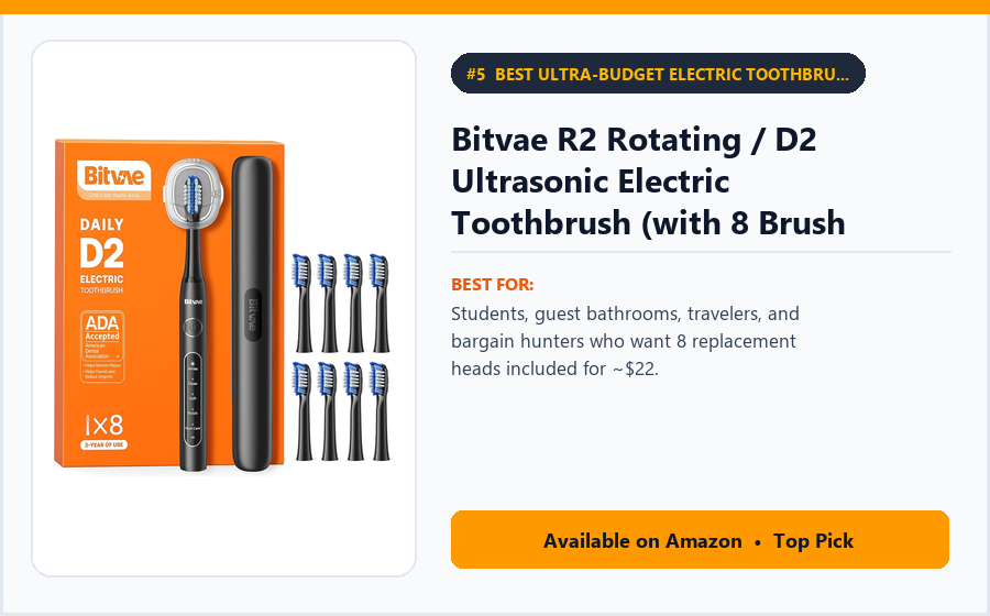 Bitvae R2 Rotating / D2 Ultrasonic Electric Toothbrush (with 8 Brush Heads & Case) - Best Ultra-Budget Electric Toothbrush Bundle (with 2 Years of Heads) Under $25 (best electric toothbrushes under $100)
