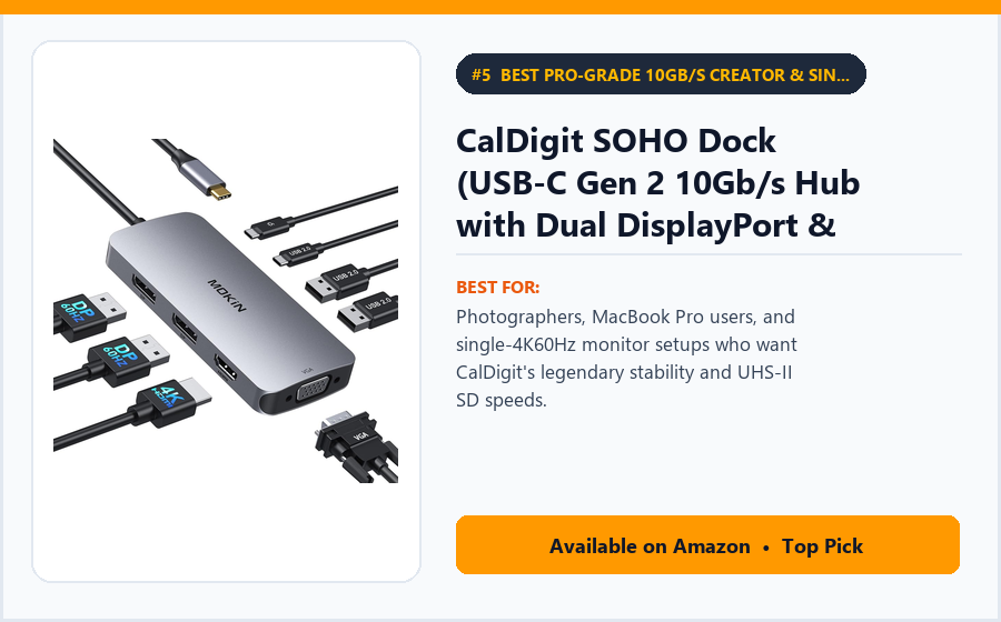 CalDigit SOHO Dock (USB-C Gen 2 10Gb/s Hub with Dual DisplayPort & HDMI) - Best Pro-Grade 10Gb/s Creator & Single-4K60Hz Mac/PC Mini Dock Under $100 (best USB-C docking stations under $150)