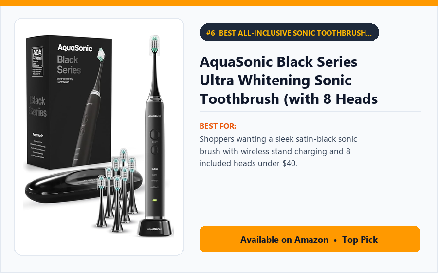 AquaSonic Black Series Ultra Whitening Sonic Toothbrush (with 8 Heads & Case) - Best All-Inclusive Sonic Toothbrush Kit with 8 Heads Under $40 (best electric toothbrushes under $100)