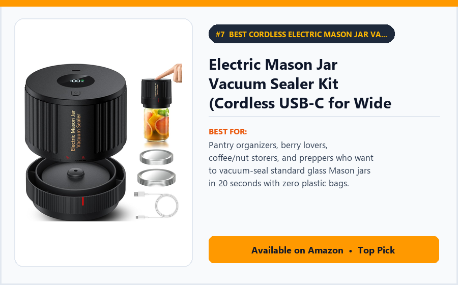 Electric Mason Jar Vacuum Sealer Kit (Cordless USB-C for Wide & Regular Mouth Canning Jars) - Best Cordless Electric Mason Jar Vacuum Sealer for Pantry Dry Goods & Berries Under $30 (best vacuum sealers under $150)