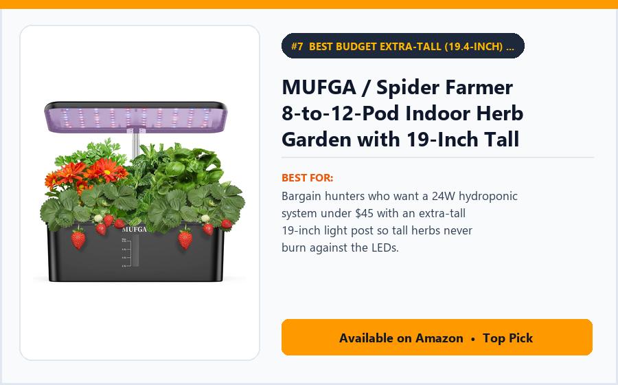 MUFGA / Spider Farmer 8-to-12-Pod Indoor Herb Garden with 19-Inch Tall Post & Veg/Herb Light - Best Budget Extra-Tall (19.4-Inch) 12-Pod Hydroponic Herb Garden Under $45 (best indoor herb garden kits)