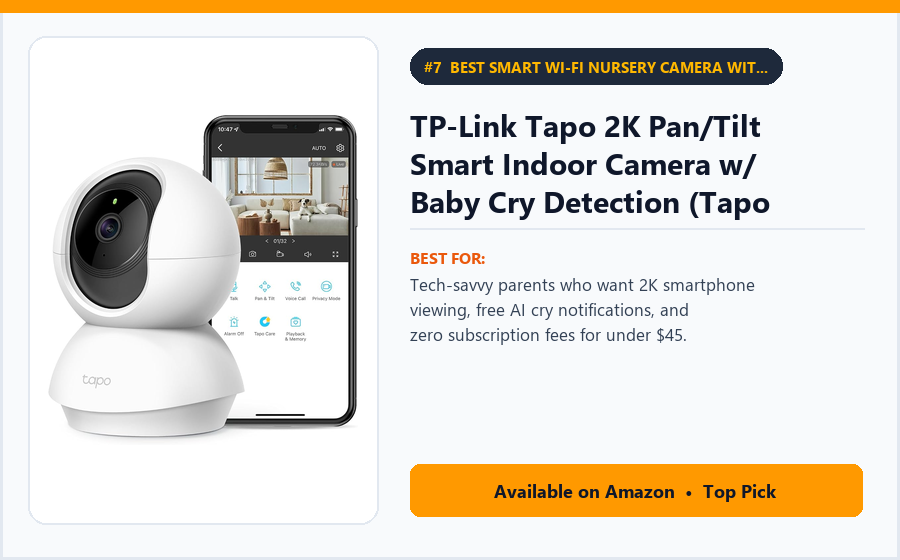 TP-Link Tapo 2K Pan/Tilt Smart Indoor Camera w/ Baby Cry Detection (Tapo C210 / C225) - Best Smart Wi-Fi Nursery Camera with Free Cry Alerts Under $45 (best baby monitors under $150)