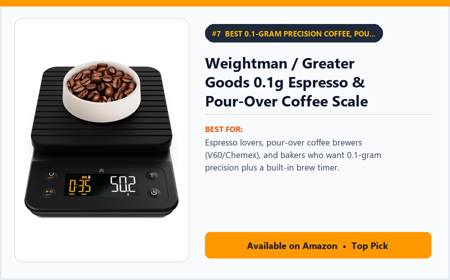 Weightman / Greater Goods 0.1g Espresso & Pour-Over Coffee Scale with Built-In Timer - Best 0.1-Gram Precision Coffee, Pour-Over & Baking Scale with Timer Under $25 (best digital kitchen scales under $30)
