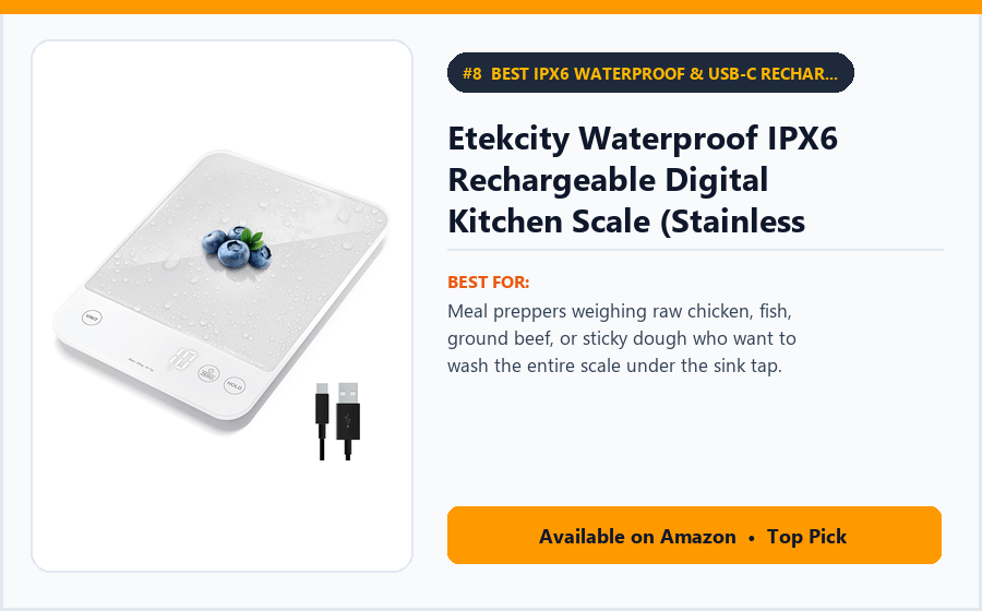 Etekcity Waterproof IPX6 Rechargeable Digital Kitchen Scale (Stainless Steel, USB-C) - Best IPX6 Waterproof & USB-C Rechargeable Stainless Scale Under $25 (best digital kitchen scales under $30)