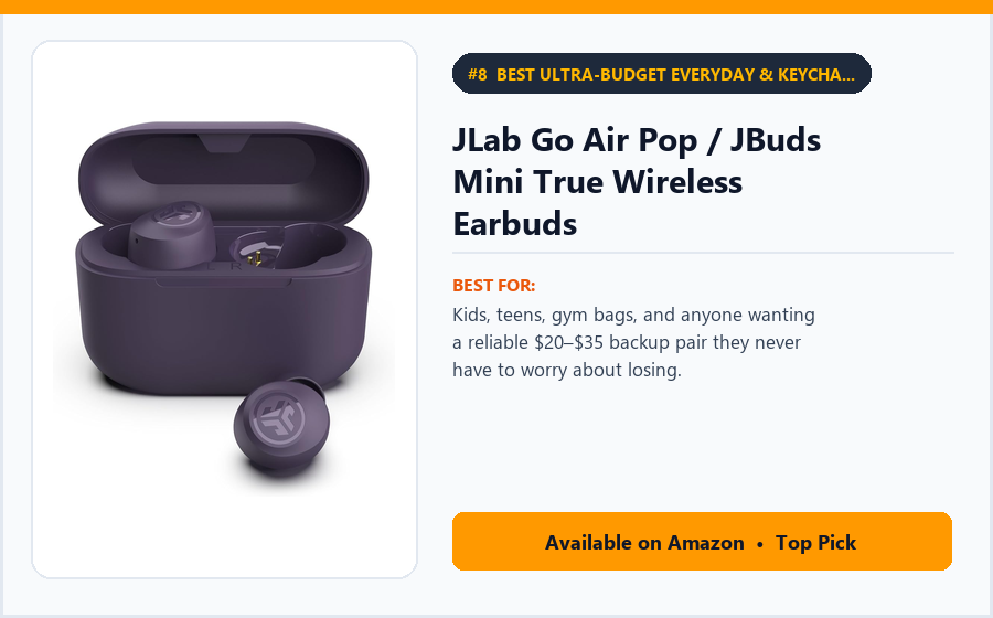 JLab Go Air Pop / JBuds Mini True Wireless Earbuds - Best Ultra-Budget Everyday & Keychain Wireless Earbuds Under $25 (best wireless earbuds under $75)