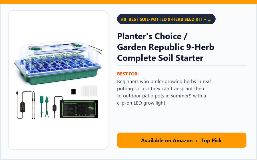 Planter's Choice / Garden Republic 9-Herb Complete Soil Starter Kit + Clip-On Full-Spectrum LED Grow Light - Best Soil-Potted 9-Herb Seed Kit + LED Grow Light Combo Under $50 (best indoor herb garden kits)