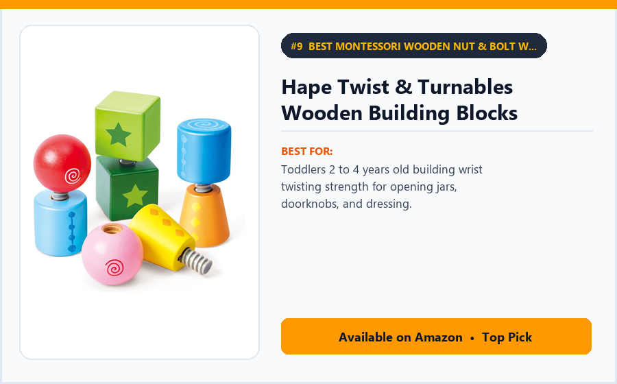 Hape Twist & Turnables Wooden Building Blocks - Best Montessori Wooden Nut & Bolt Wrist-Rotation Toy Under $20 (best Montessori toys for toddlers)
