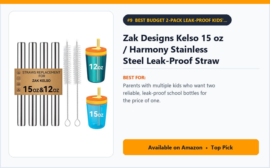 Zak Designs Kelso 15 oz / Harmony Stainless Steel Leak-Proof Straw Bottle - Best Budget 2-Pack Leak-Proof Kids' School Bottles Under $16 (best kids water bottles for school)