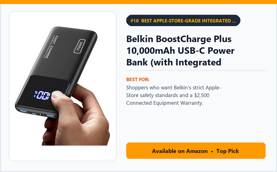 Belkin BoostCharge Plus 10,000mAh USB-C Power Bank (with Integrated Cables) - Best Apple-Store-Grade Integrated Cable Power Bank Under $45 (best USB-C power banks under $50)