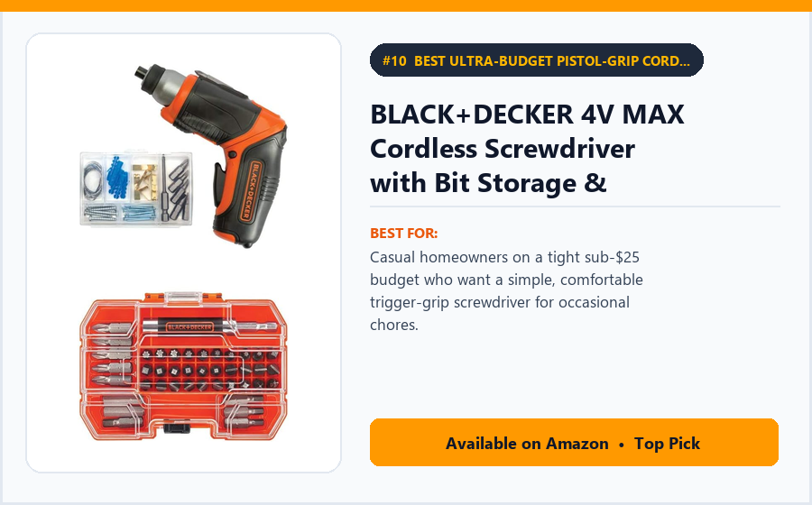 BLACK+DECKER 4V MAX Cordless Screwdriver with Bit Storage & Screw-Holder Magnetic Collar (BDCSFL20C / BDCS50C) - Best Ultra-Budget Pistol-Grip Cordless Screwdriver Under $25 (best electric screwdrivers under $60)